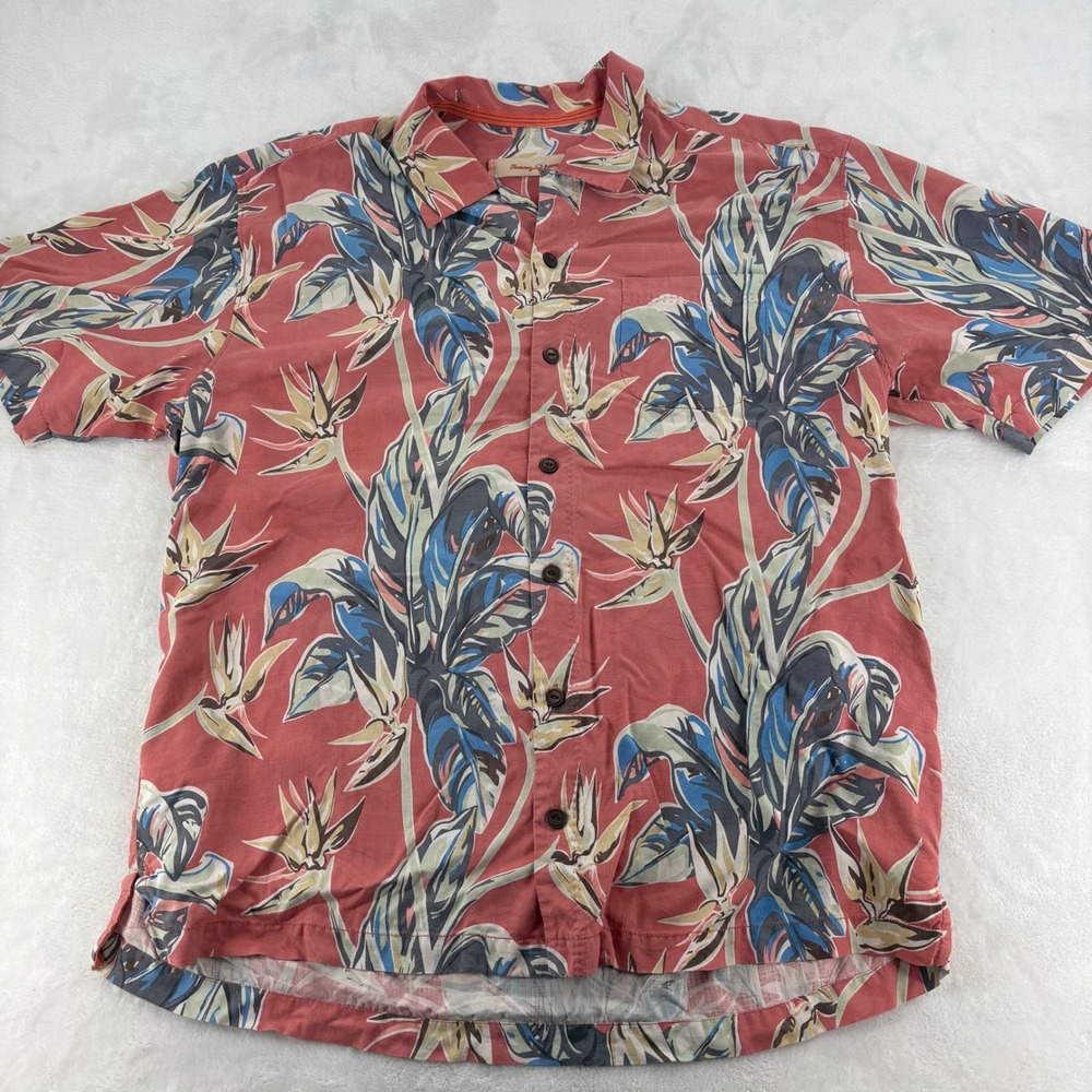 Tommy Bahama Shirt XL Silk Bird of Paradise Tropical Floral Camp Coral Red